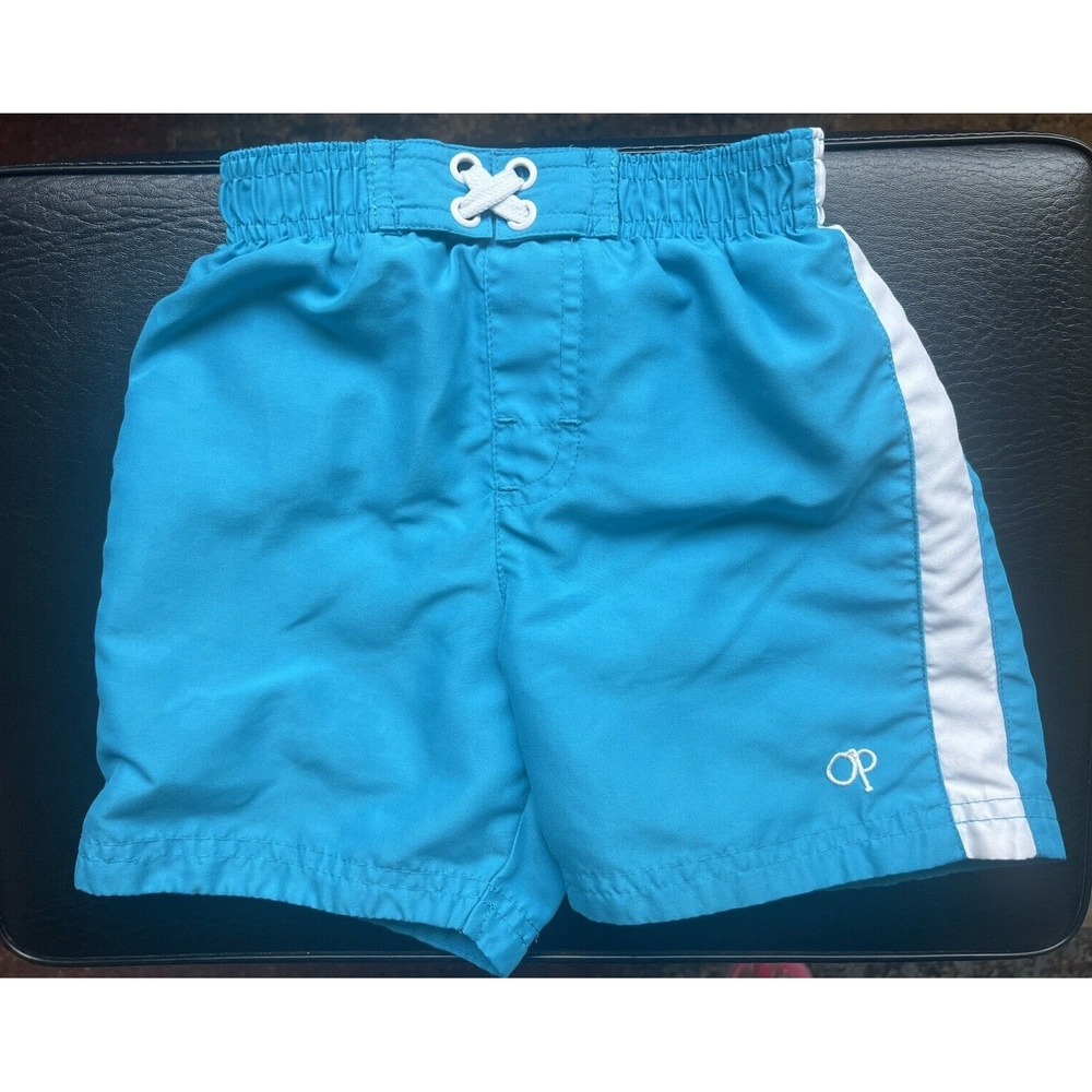 OP Baby Boys 24M Swim Trunks Blue White Striped Mesh Lined Elastic Waist